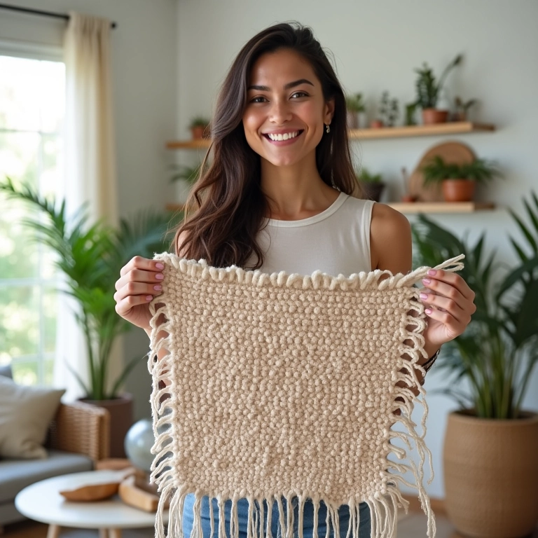 Mulher sorrindo, exibindo um tapete de lã artesanal em sala de estar.
