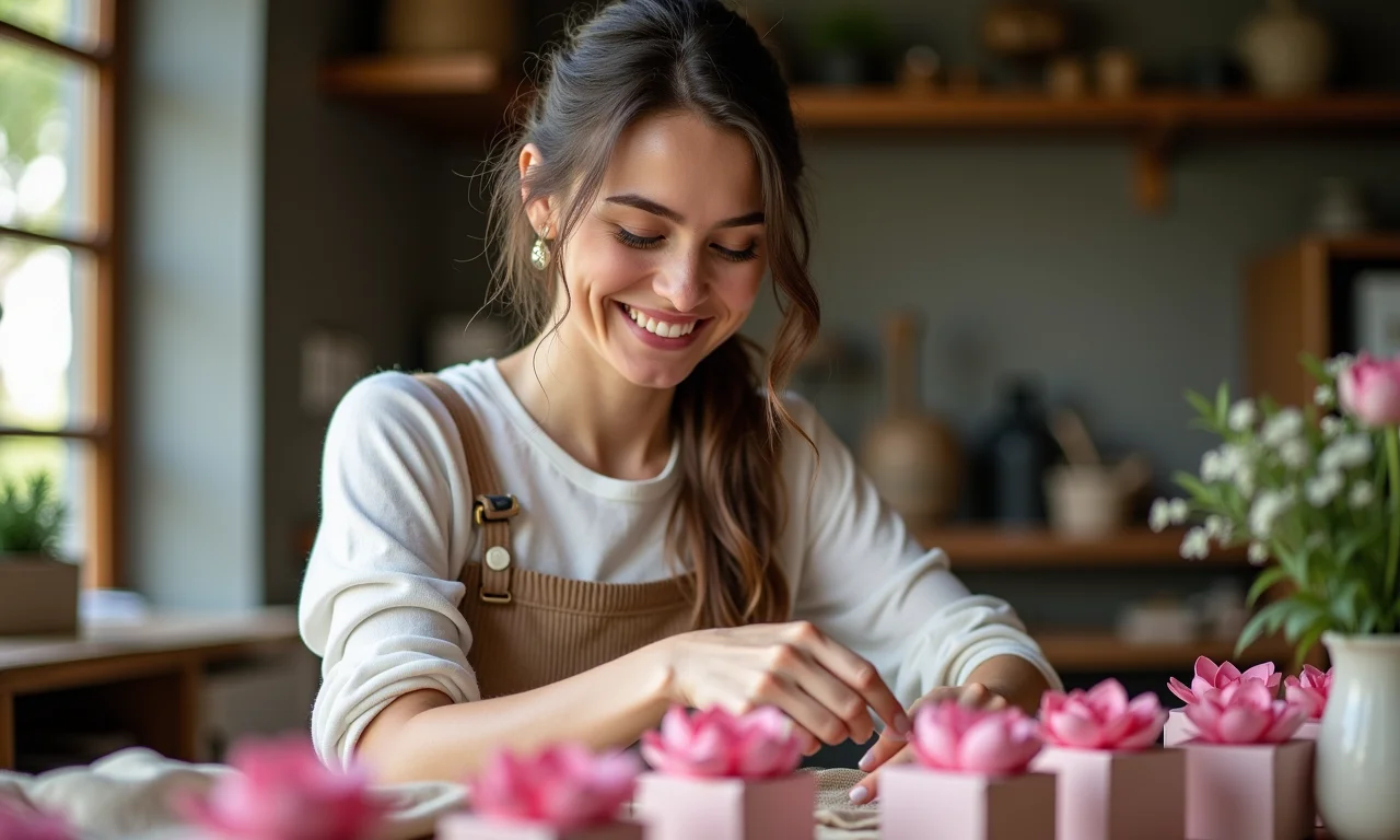 Mulher sorrindo fazendo forminhas DIY.