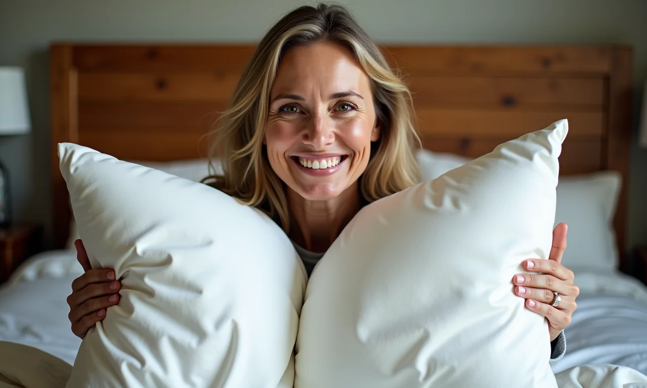 Mulher sorrindo mostra fronhas caseiras em quarto aconchegante.