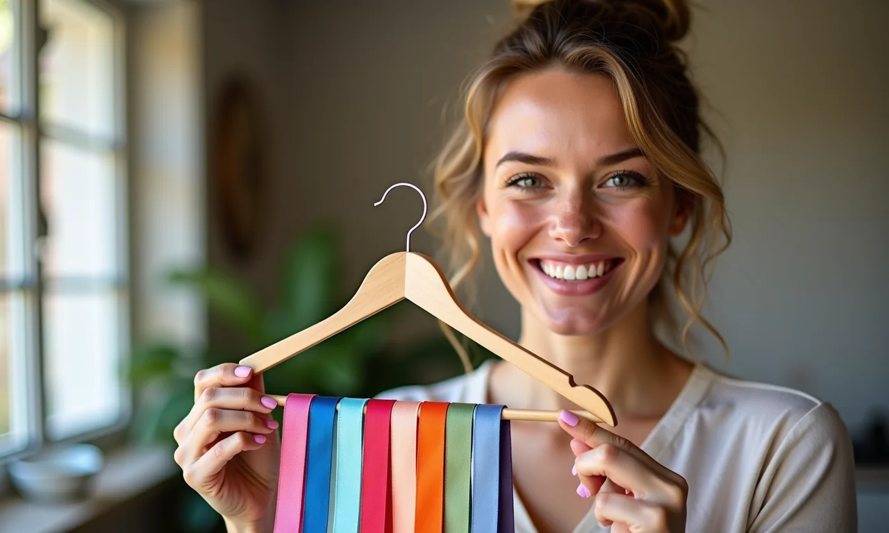 Mulher sorrindo mostra organizador de laços DIY feito com cabide e fitas coloridas.