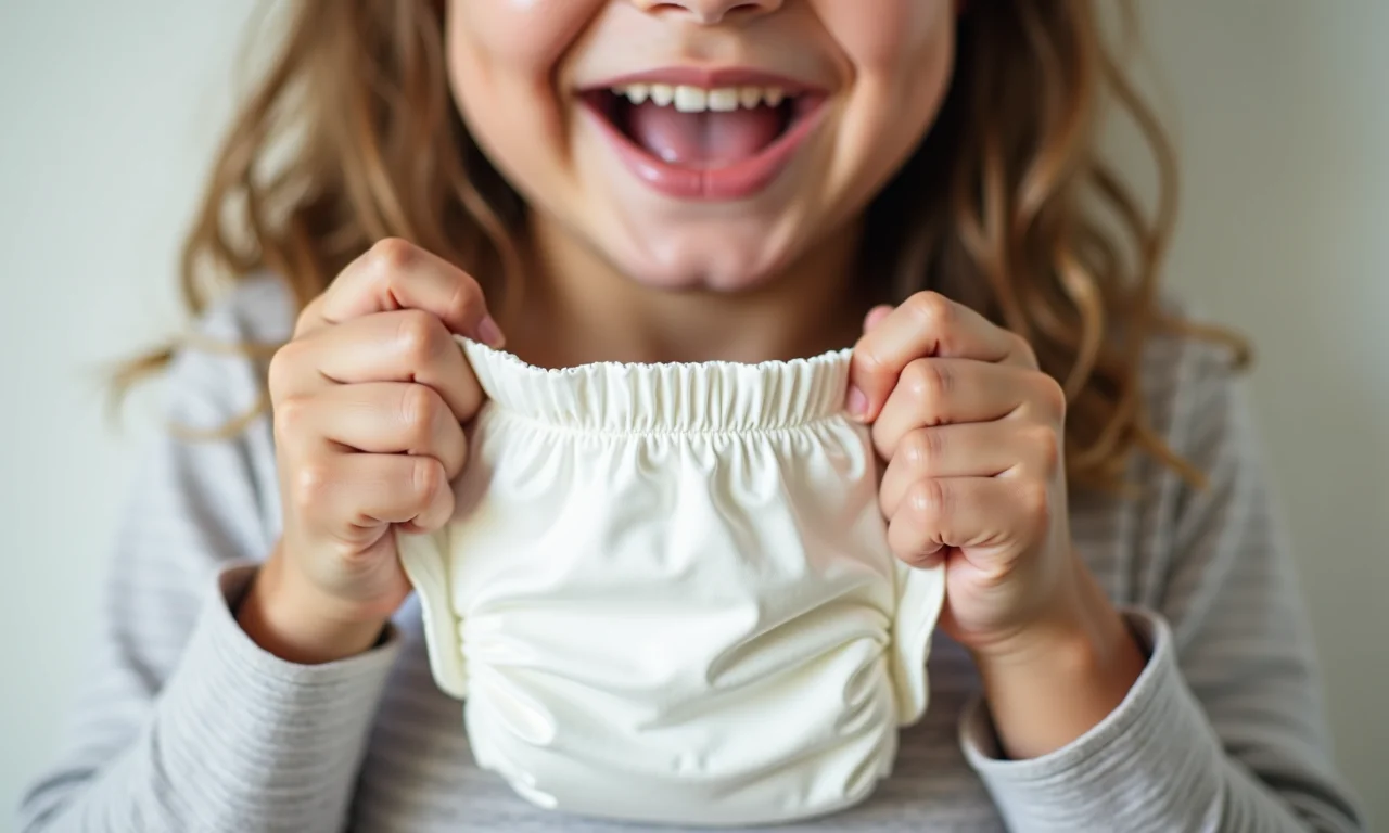 Mulher sorrindo, mostrando uma capa de fralda de bebê feita em casa.
