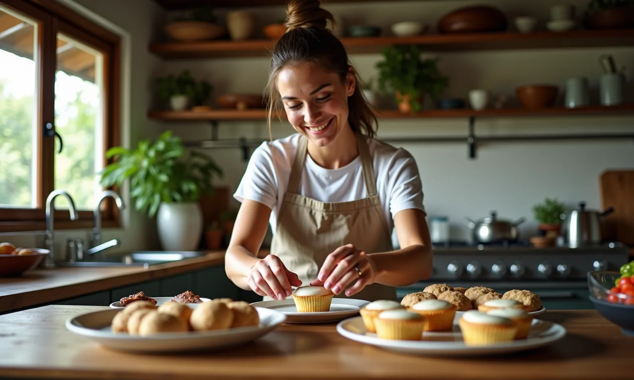 Mulher sorrindo na cozinha, preparando sobremesa simples.