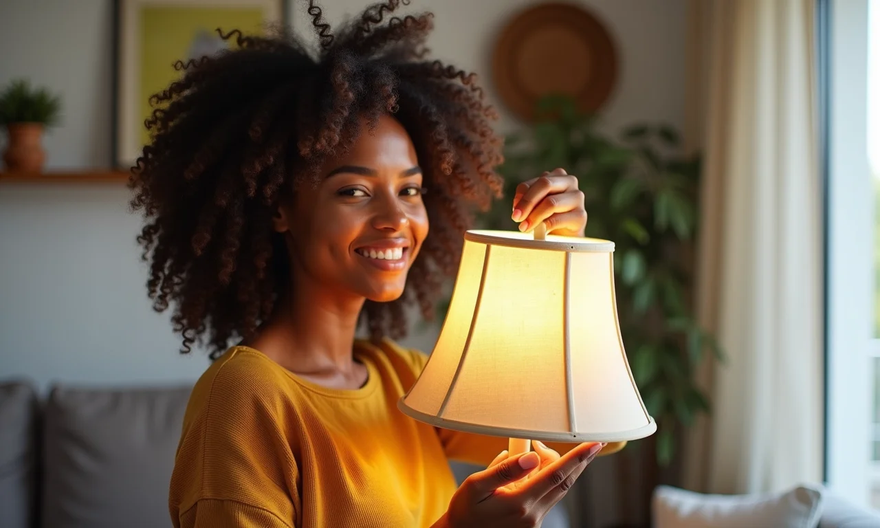 Mulher sorrindo, orgulhosa com sua cúpula de abajur feita à mão.