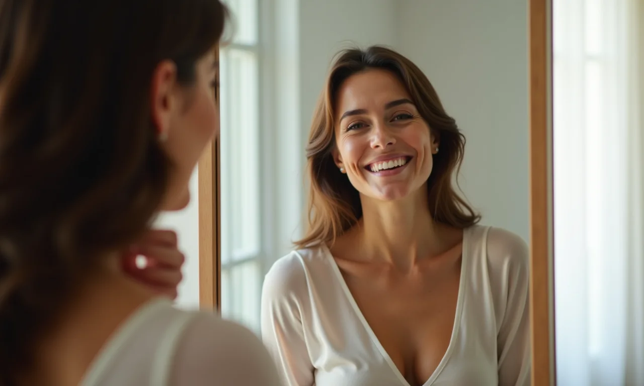 Mulher sorrindo para si mesma no espelho, praticando a autocompaixão.
