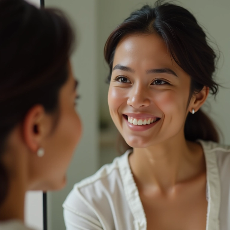 Mulher sorrindo para si mesma no espelho, valorizando sua beleza e autoestima.