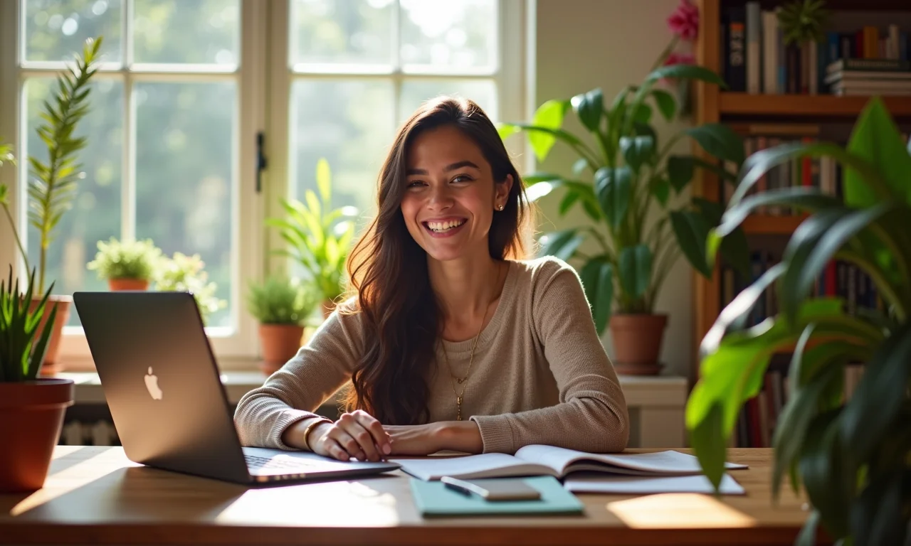 Mulher sorrindo, pensando em temas para o TCC em escritório ensolarado.