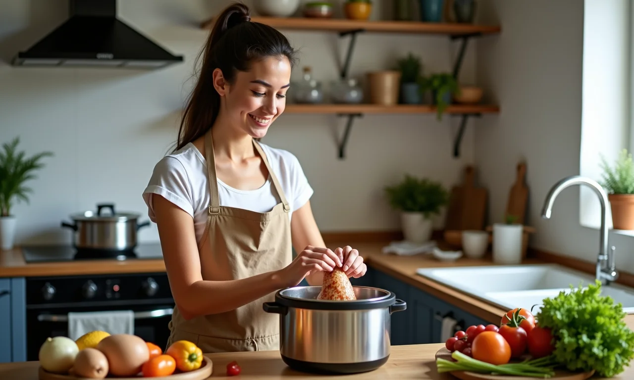 Mulher sorrindo preparando frango na panela Fun Kitchen.