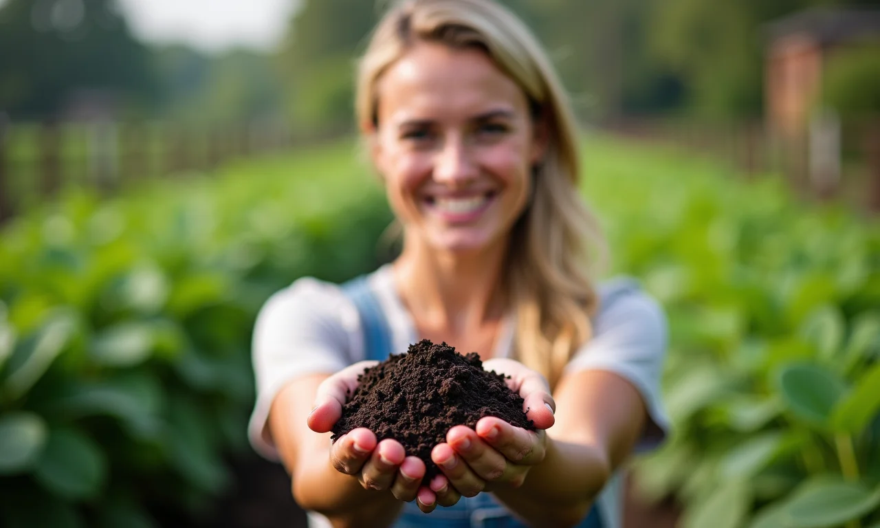 Mulher sorrindo segurando adubo orgânico caseiro.