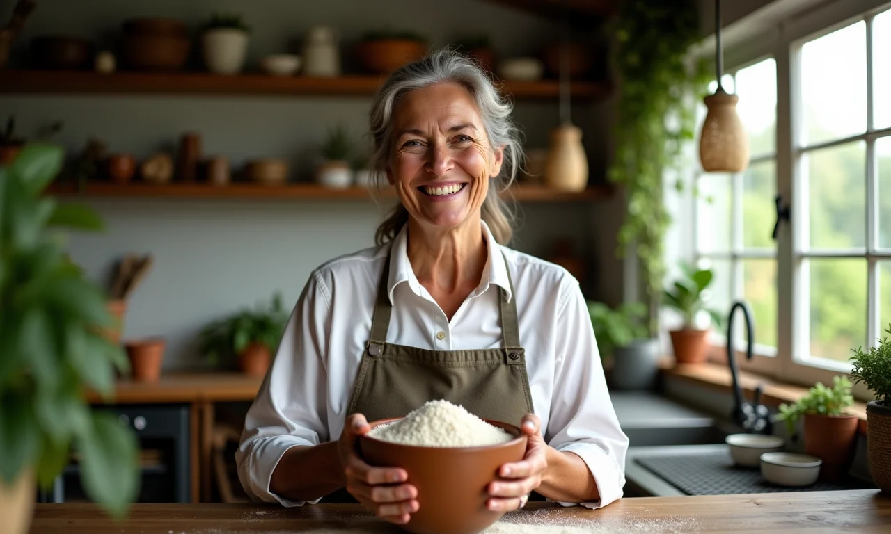 Mulher sorrindo segurando farinha de jatobá em cozinha vibrante.