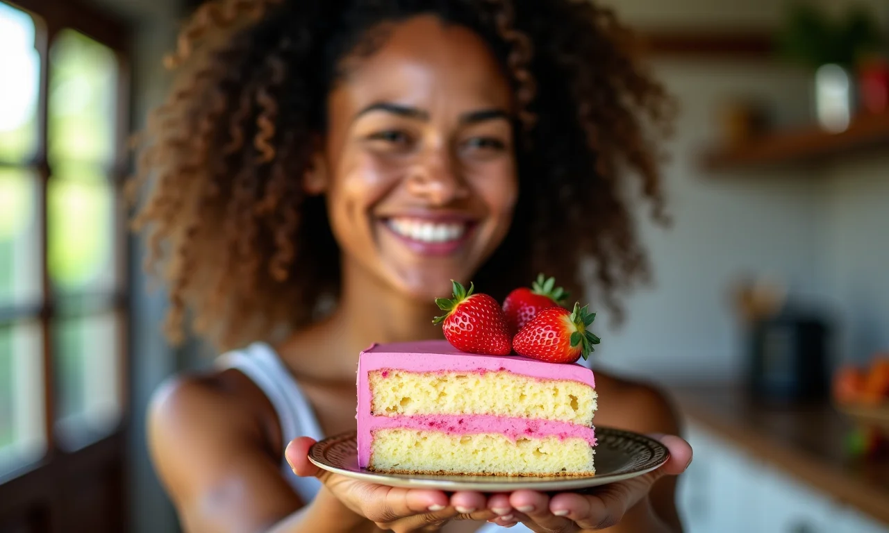 Mulher sorrindo segurando fatia de torta Fraisier, destacando a beleza e sabor do bolo.