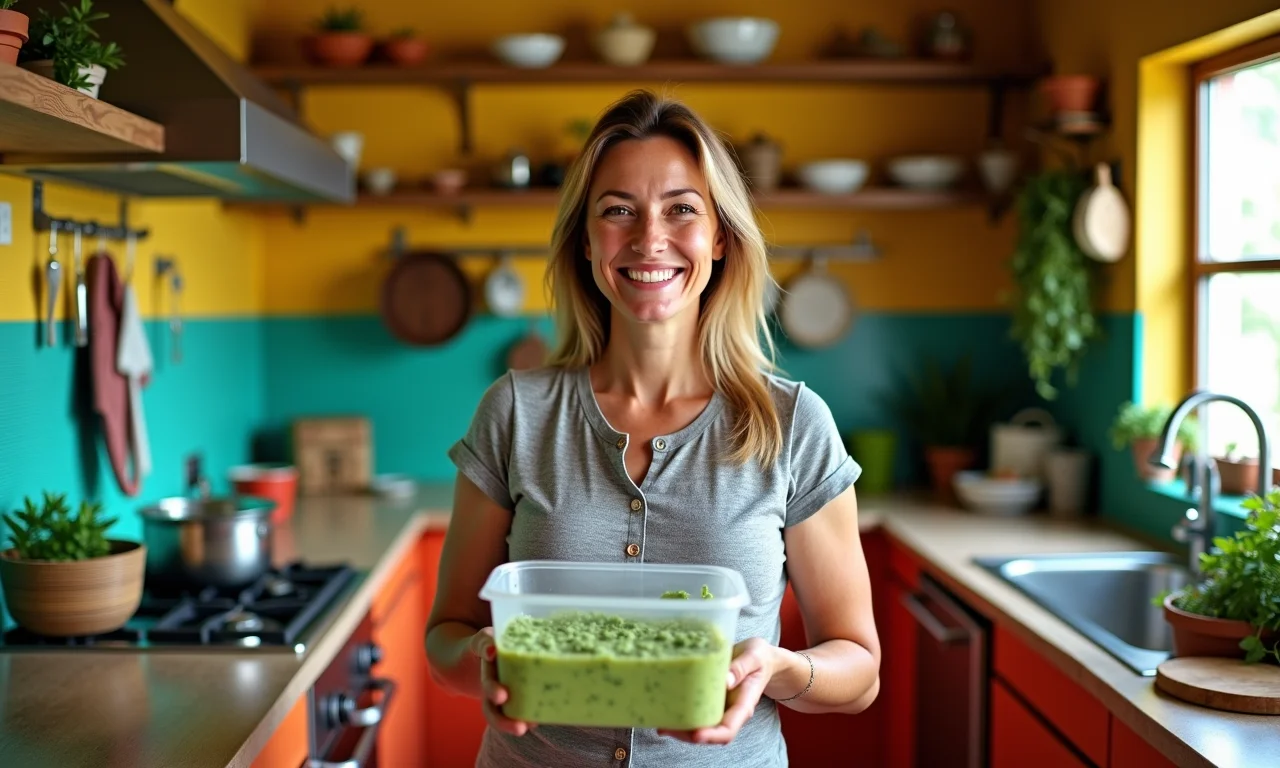 Mulher sorrindo segurando pote de Caldo Verde congelado em cozinha colorida.