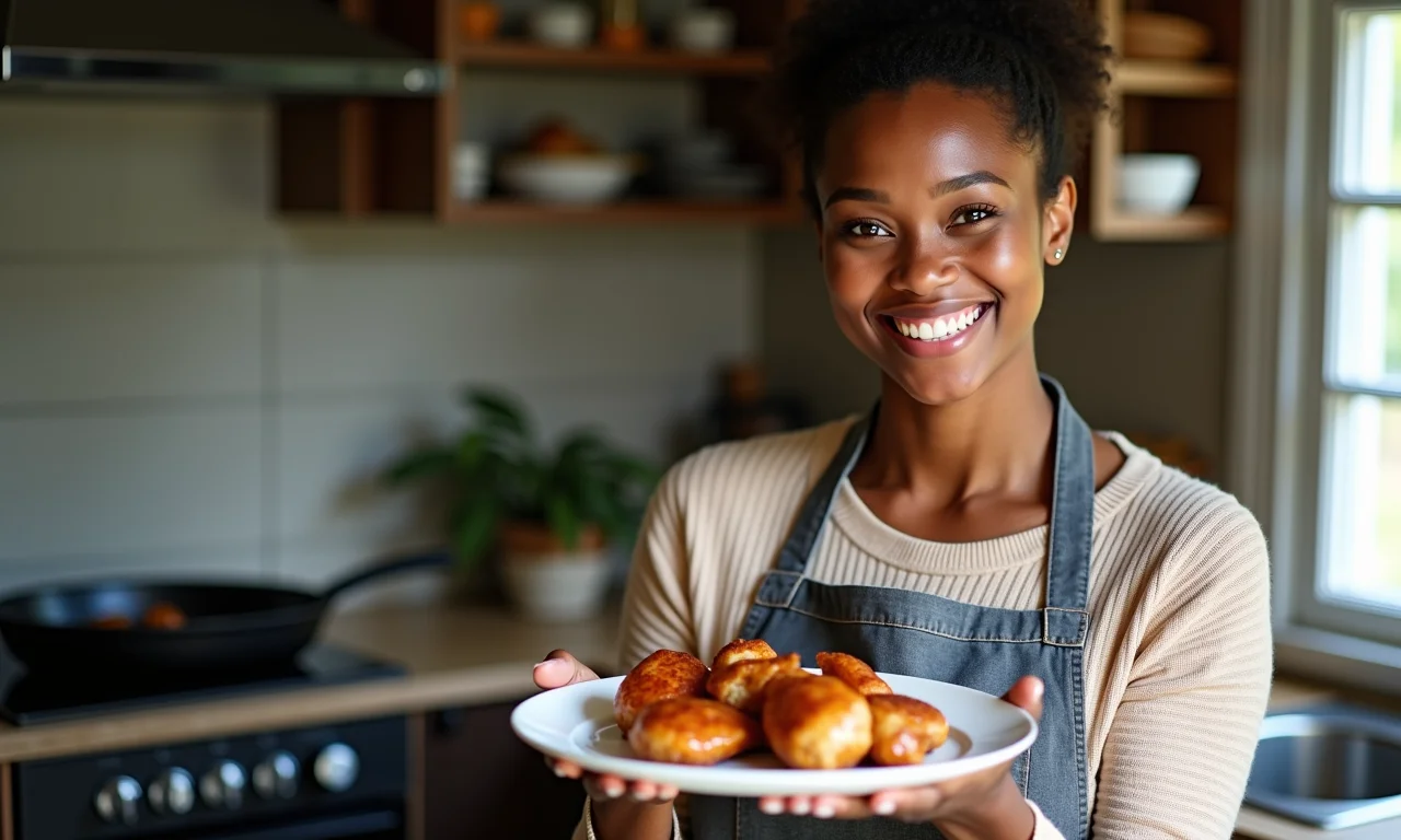 Mulher sorrindo segurando prato com frango assado na panela.