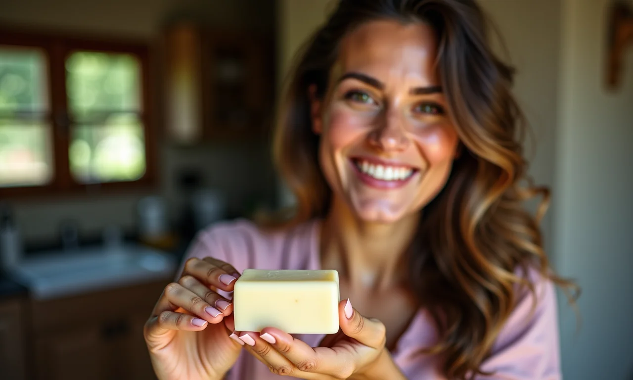 Mulher sorrindo segurando sabonete artesanal recém-feito em ambiente acolhedor.