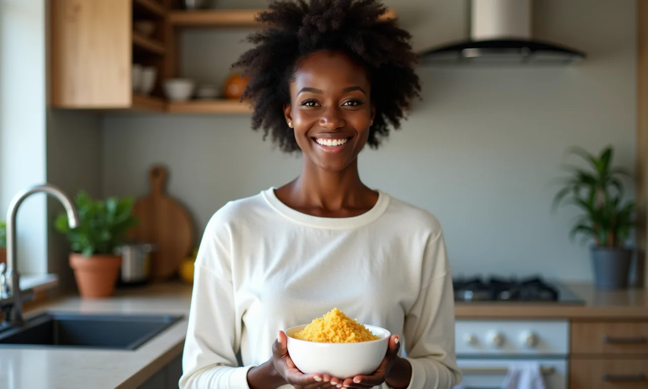 Mulher sorrindo segurando tigela de curau liso.