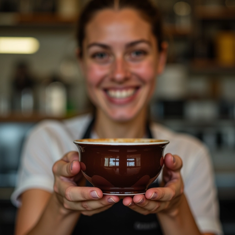 Mulher sorrindo segurando um copinho de chocolate perfeito.