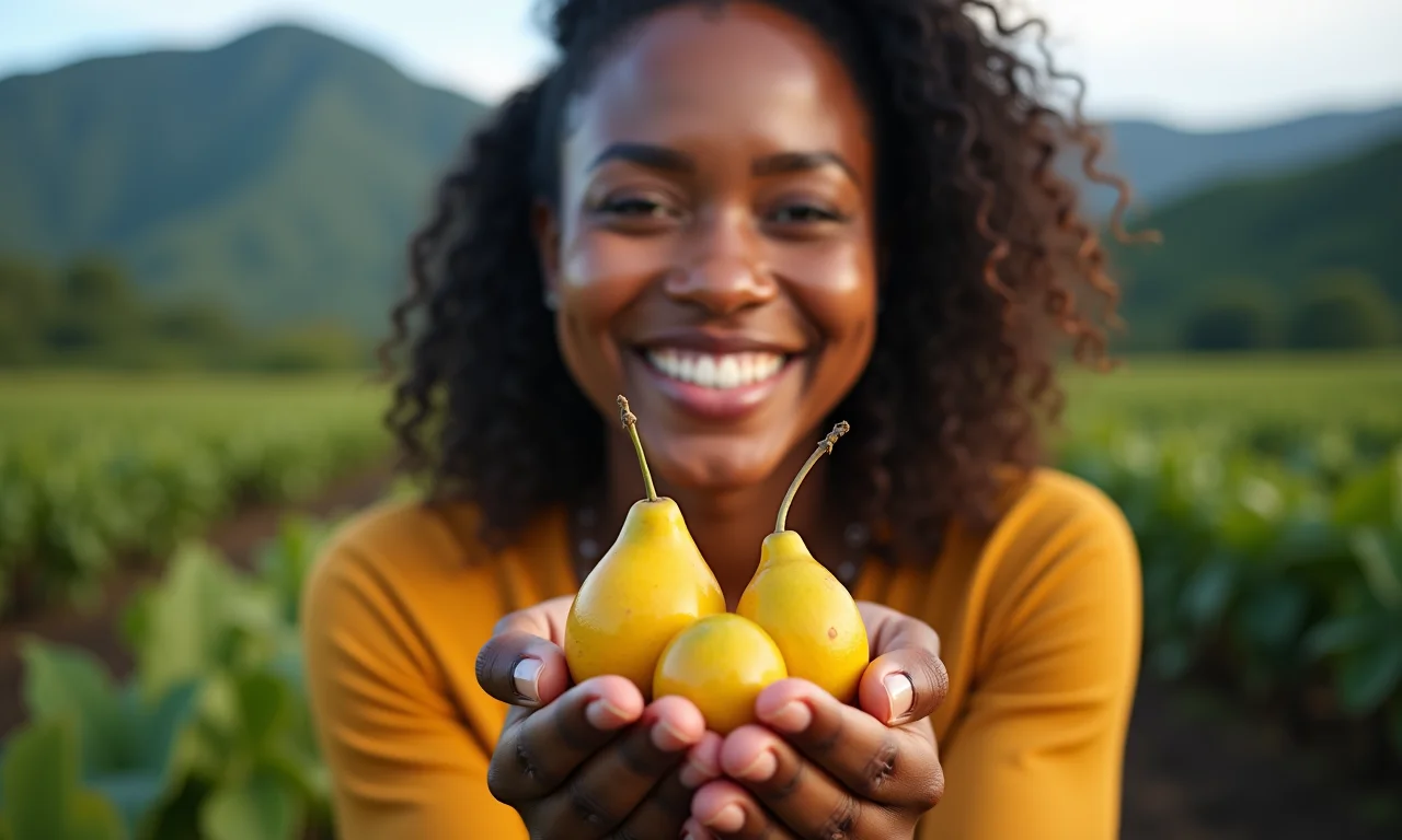 Mulher sorrindo segurando umbus, com o sertão ao fundo.