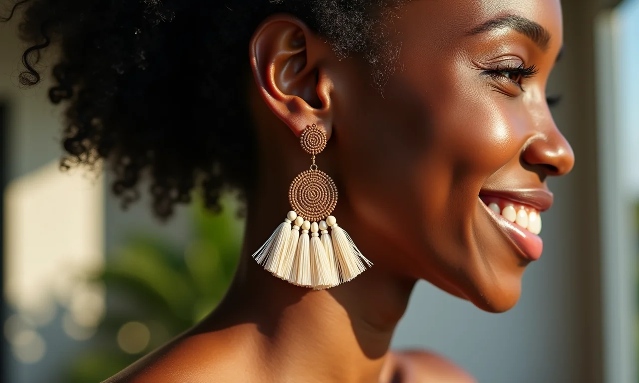 Mulher sorrindo usando brincos de franja artesanais.