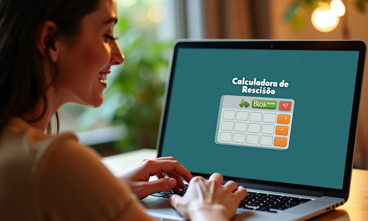 Mulher sorrindo usando calculadora de rescisão online no laptop.