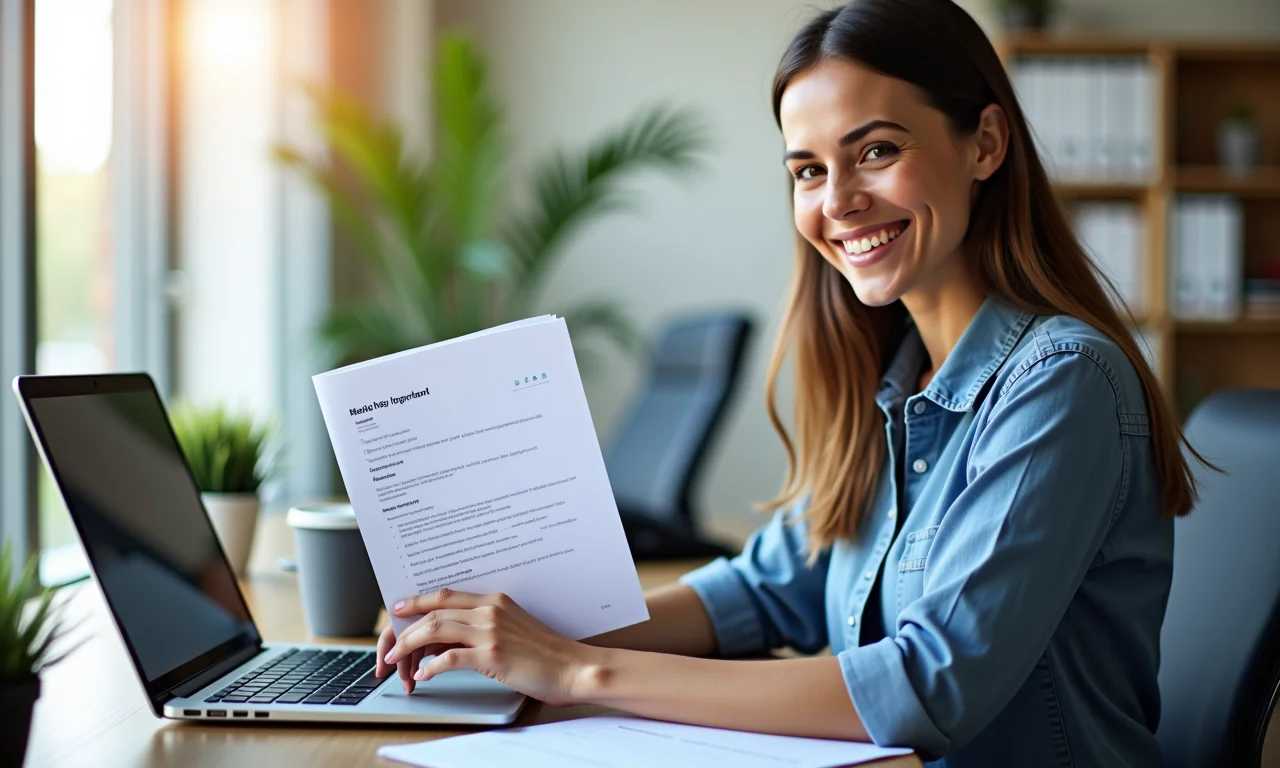 Mulher sorrindo usando o Word para criar um questionário.
