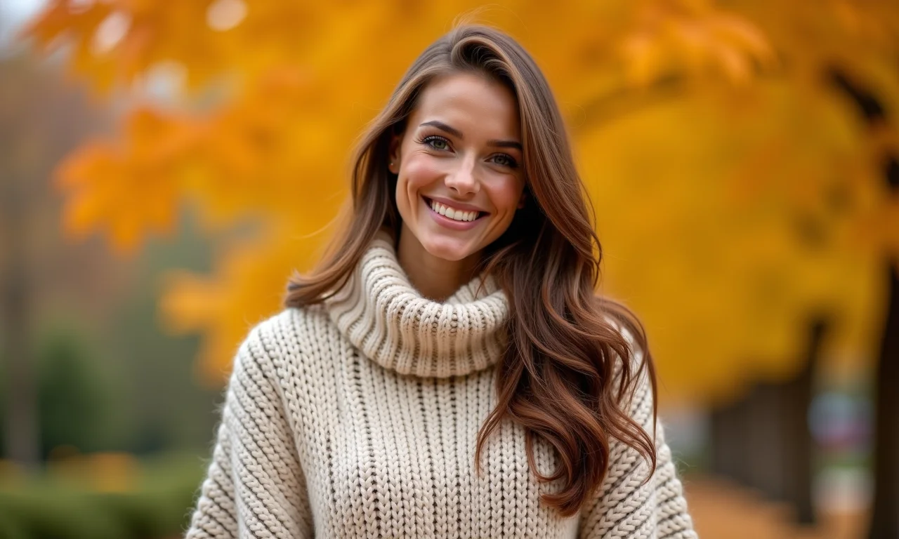 Mulher sorrindo usando um poncho de tricô elegante e confortável.