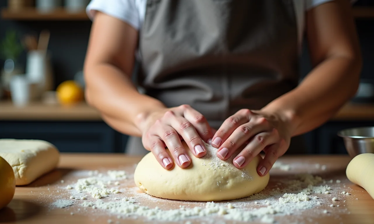 Mulher sovando massa de coxinha para deixá-la mais macia.