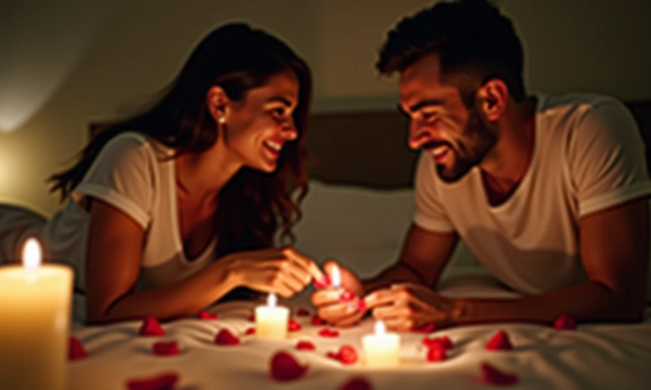 Mulher surpreendendo o homem com decoração romântica.