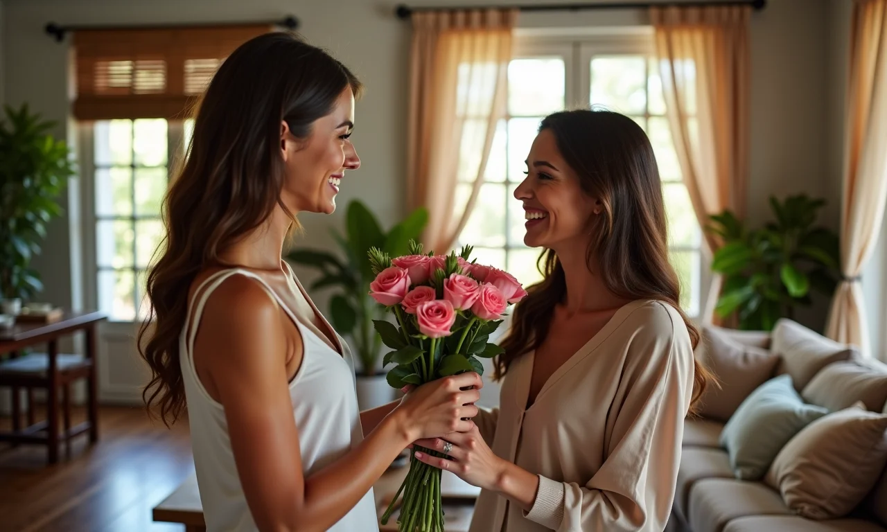 Mulher surpreendendo seu parceiro com flores em um apartamento brasileiro.