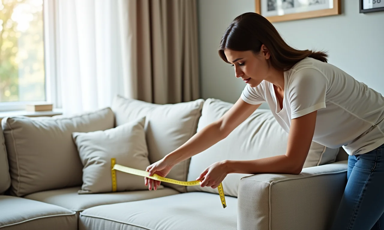 Mulher tirando medidas de um sofá com fita métrica em sala iluminada.