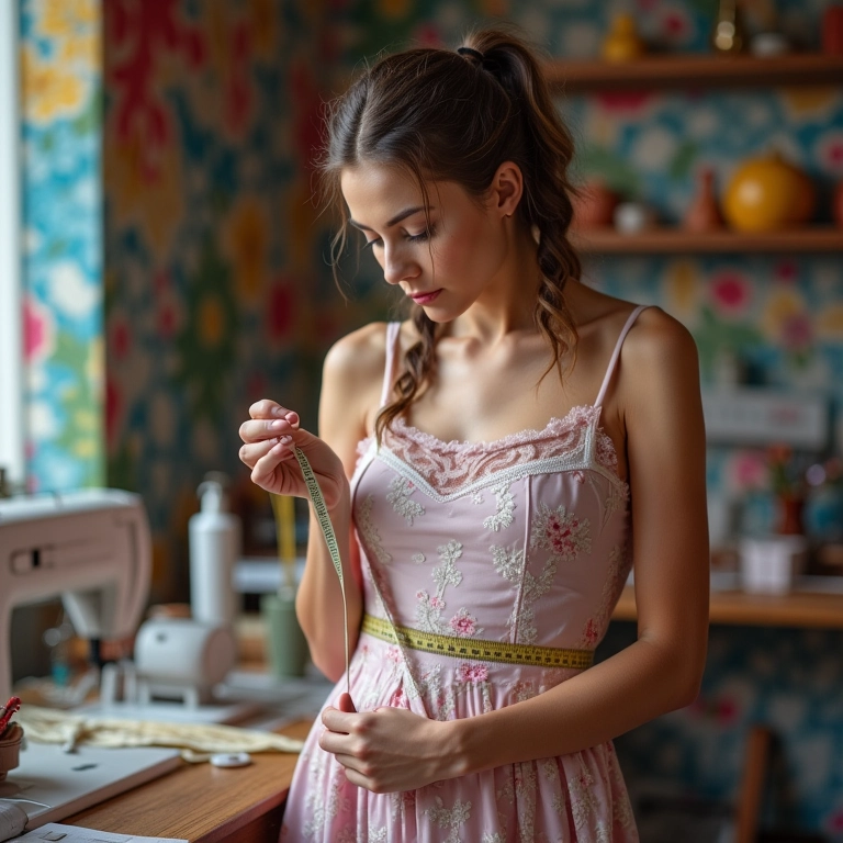 Mulher tirando medidas para vestido de princesa em ateliê.