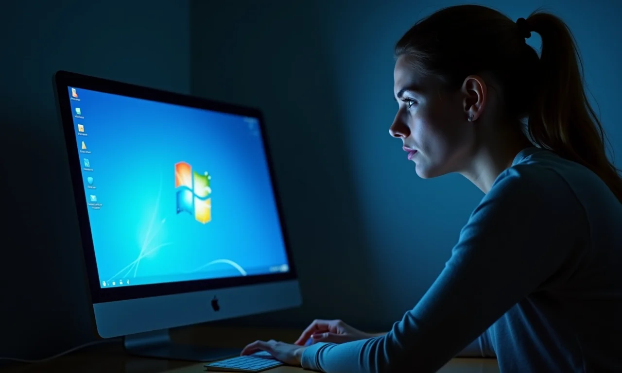 Mulher triste olhando para um computador Windows 7 com tela azul.