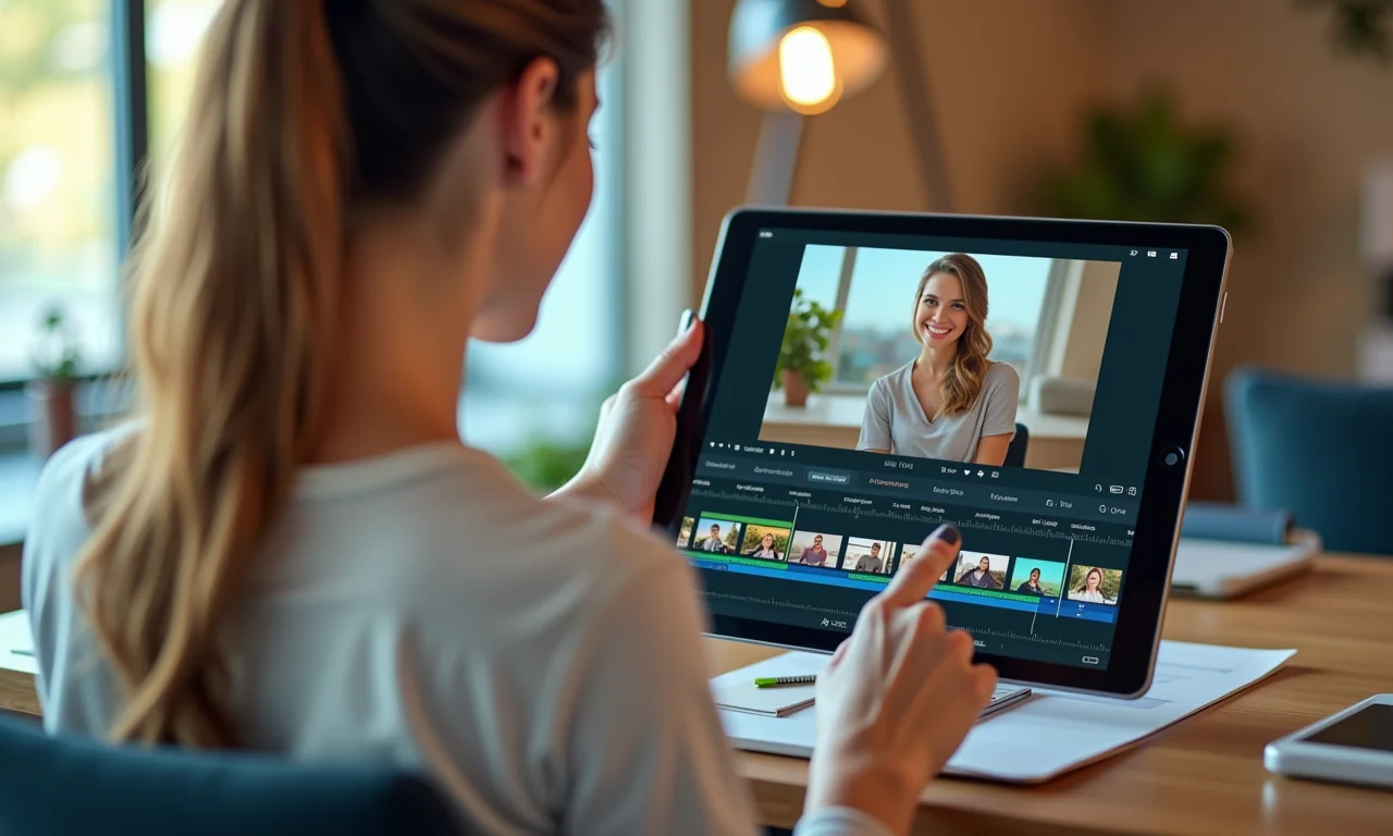 Mulher usando aplicativo de edição de vídeo em tablet com fotos na tela.