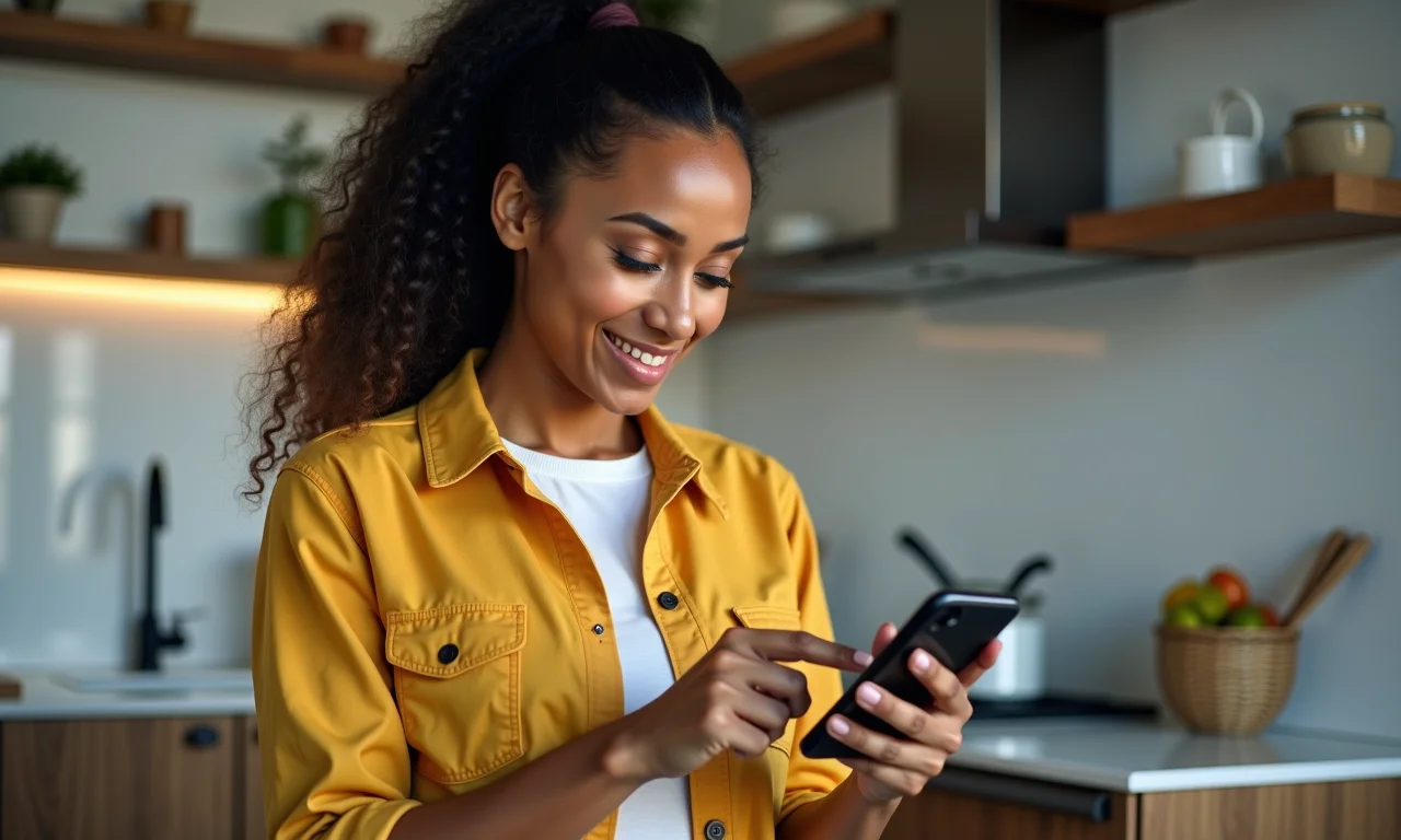 Mulher usando aplicativo de lista de compras no celular.