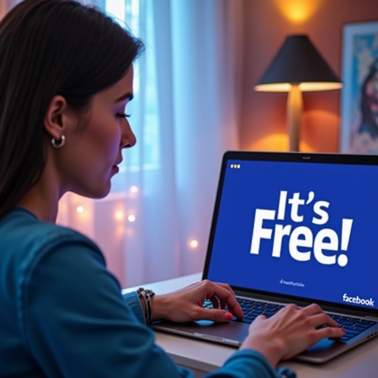 Mulher usando Facebook, texto informativo 'É Grátis!'
