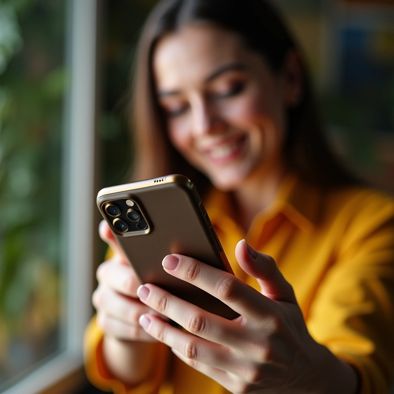 Mulher usando hashtags estrategicamente em uma postagem do Instagram, em um ambiente decorado com elementos brasileiros.