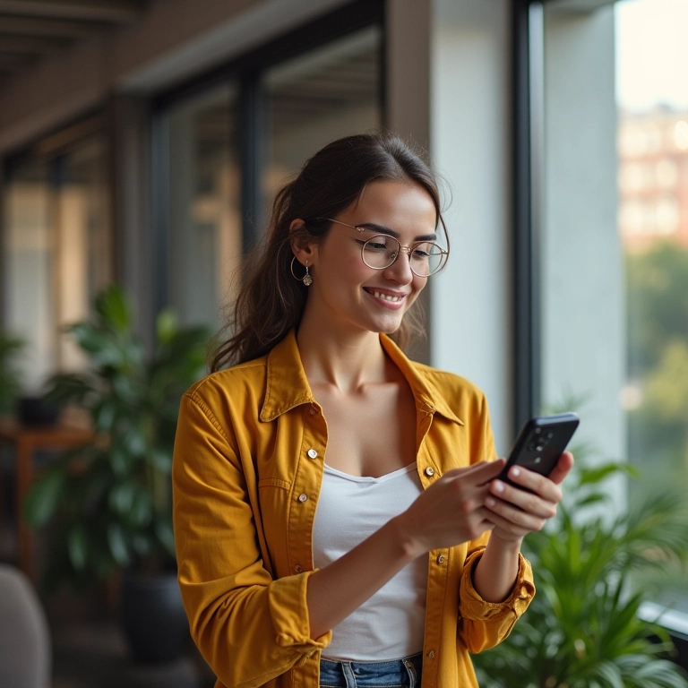 Mulher usando Instagram Reels, explorando as ferramentas da plataforma em um escritório moderno.