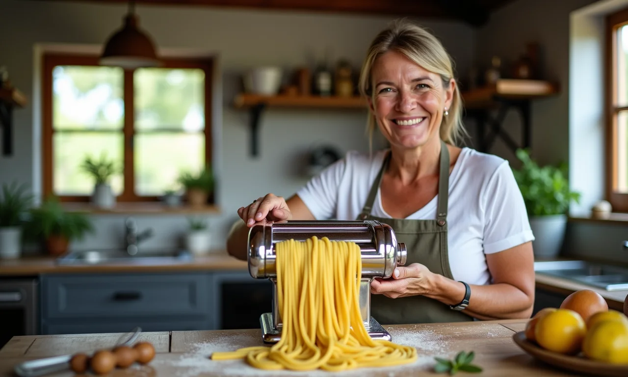 Mulher usando máquina de massa em cozinha com utensílios que facilitam o preparo.