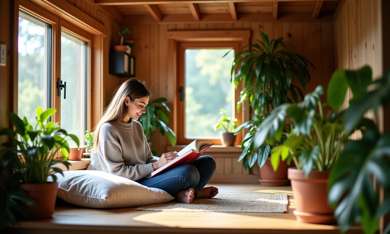 Mulher usando mezanino de madeira como espaço de leitura.