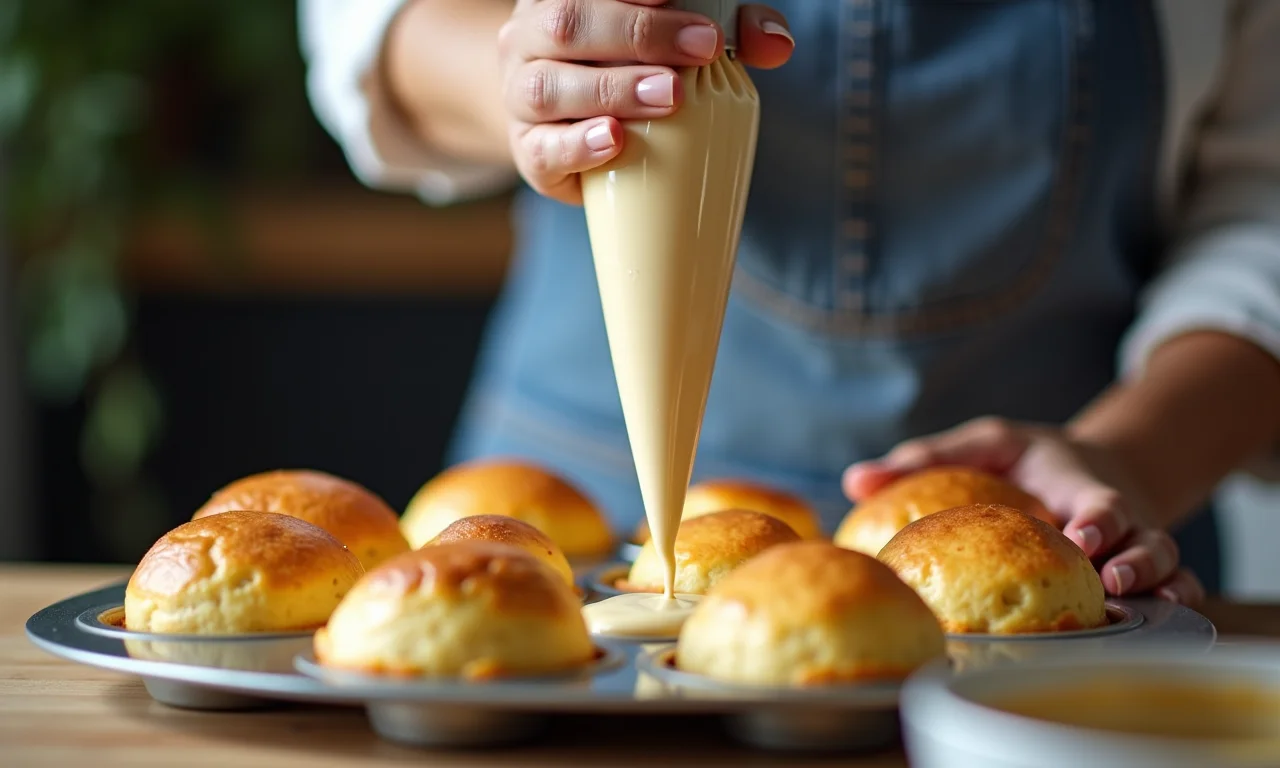 Mulher usando saco de confeitar para preencher forma de madeleine com a massa.