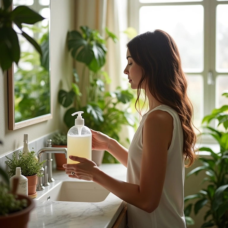 Mulher usando shampoo caseiro em banheiro iluminado e cheio de plantas.