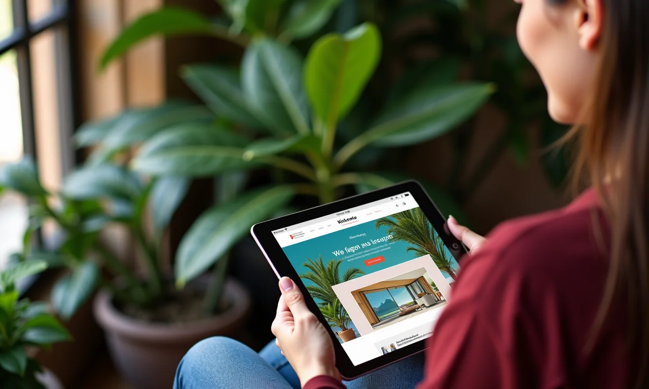 Mulher usando tablet com o site Kickante exibido, design vibrante e elementos brasileiros.