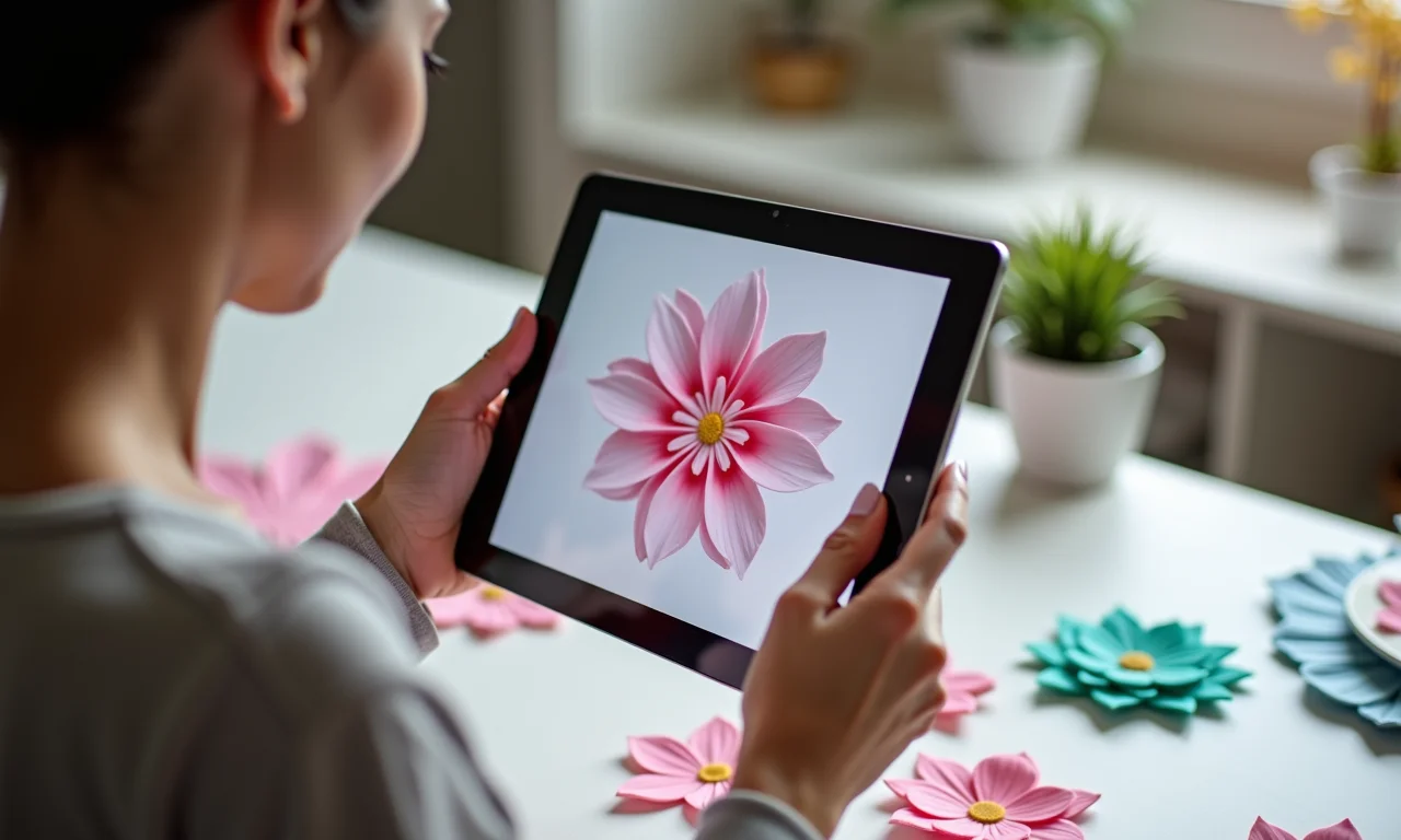 Mulher usando tablet para acessar moldes gratuitos de flores em EVA.
