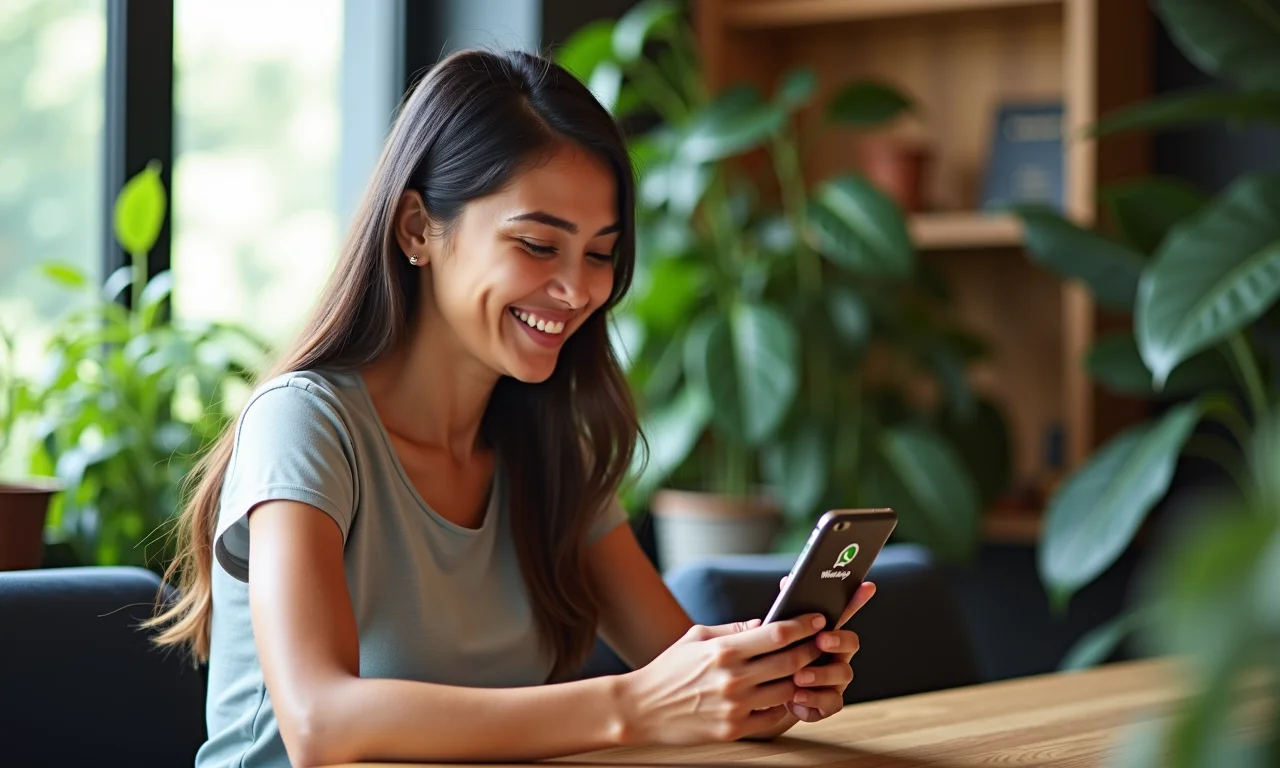 Mulher usando WhatsApp Business em um escritório colorido e vibrante.