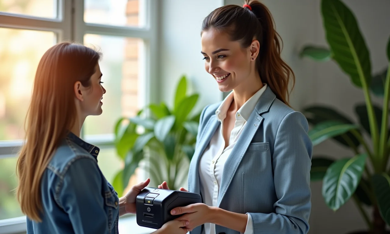 Mulher utilizando leitor de impressão digital BioPass em escritório.