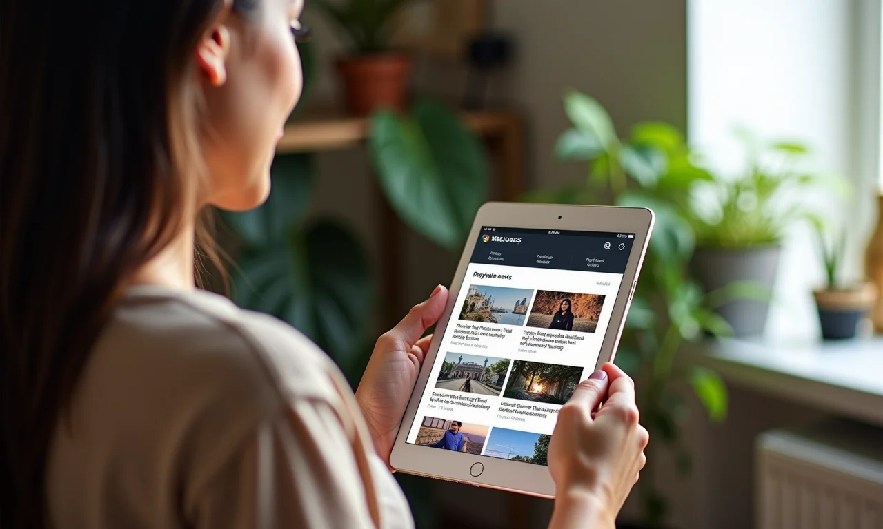 Mulher utilizando o Feedly em um tablet, com elementos de design brasileiro.