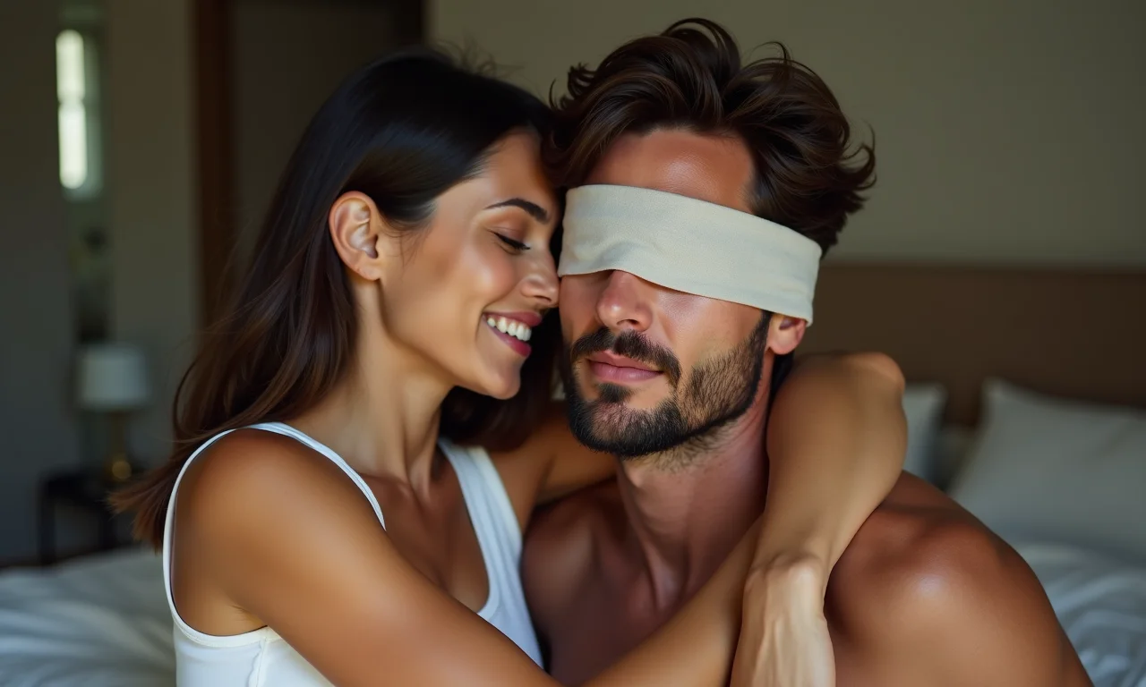Mulher vendando os olhos do homem.