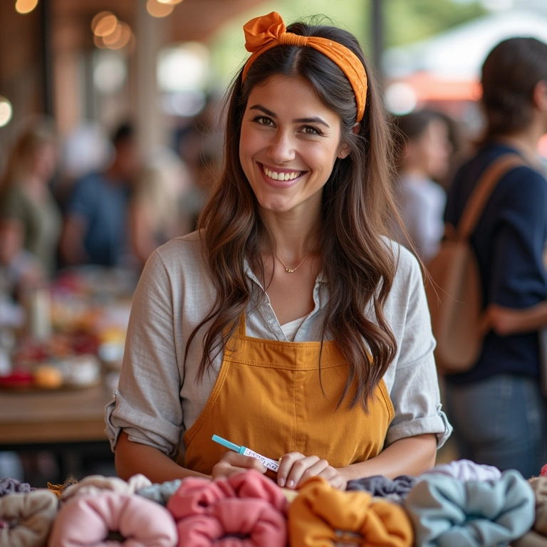 Mulher vendendo tiaras de meia de seda em feira de artesanato.