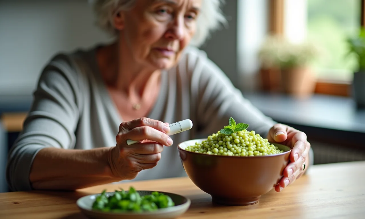 Mulher verificando nível de açúcar no sangue perto de ingás.