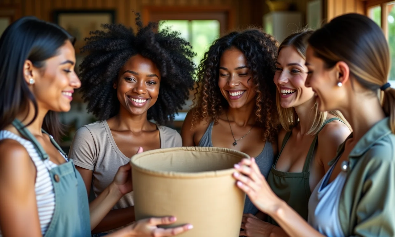 Mulheres admirando puff de balde DIY em ambiente Farm Rio.
