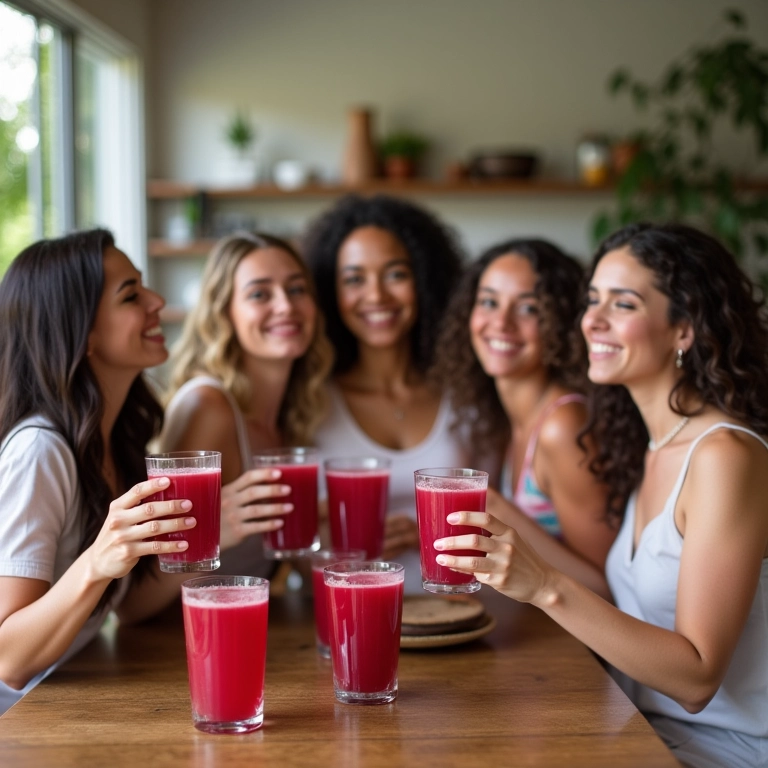 Mulheres diversas apreciando suco de cranberry em cozinha brasileira.