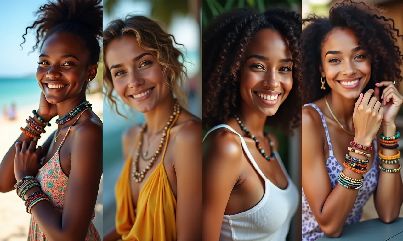 Mulheres diversas usando pulseiras de miçangas em diferentes ocasiões.